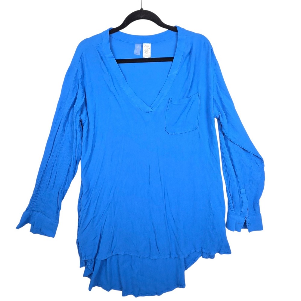 Mynah Womens‎ Swim Coverup M Blue Long Sleeve V-Neck Cruise Beach 100% Rayon